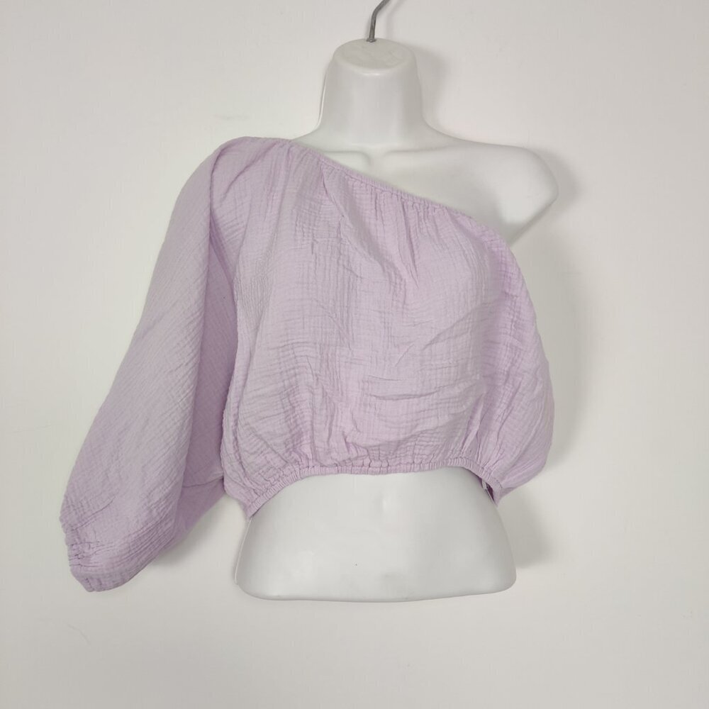 NEW Dkny Women's Crop Top Size L Purple Cotton Seersucker One Shoulder Boho Chic